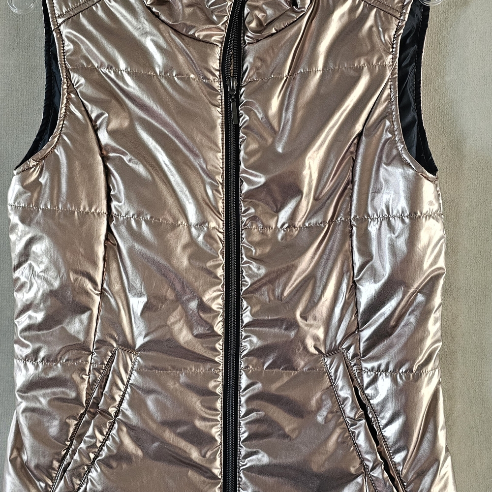 Metallic Rose Gold Quilted Puffer Vest with Black Trim